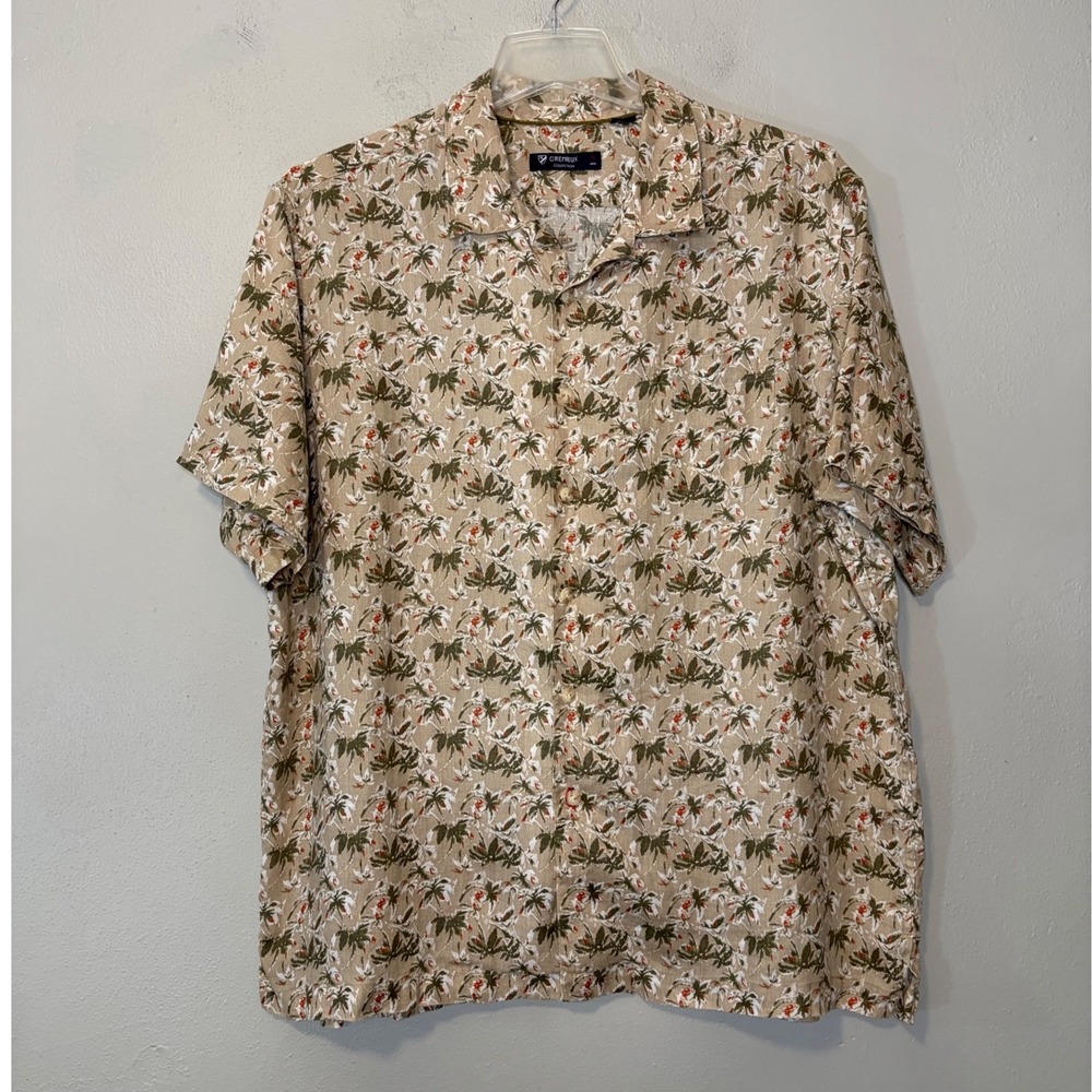 Cremieux Collection Mens XL Linen Tropical Palm Tree Camp Shirt Tan Green S/S